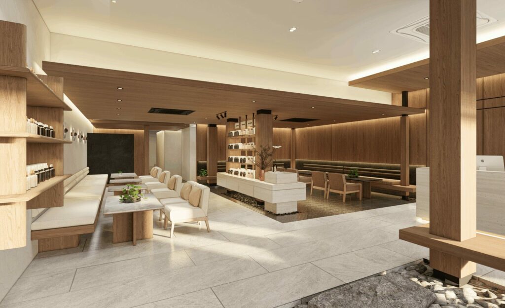 makkha-spa spa-interior-design waiting-area wood-paneling